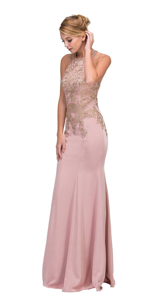 Blush Embroidered Mermaid Long Prom Dress Racer Back