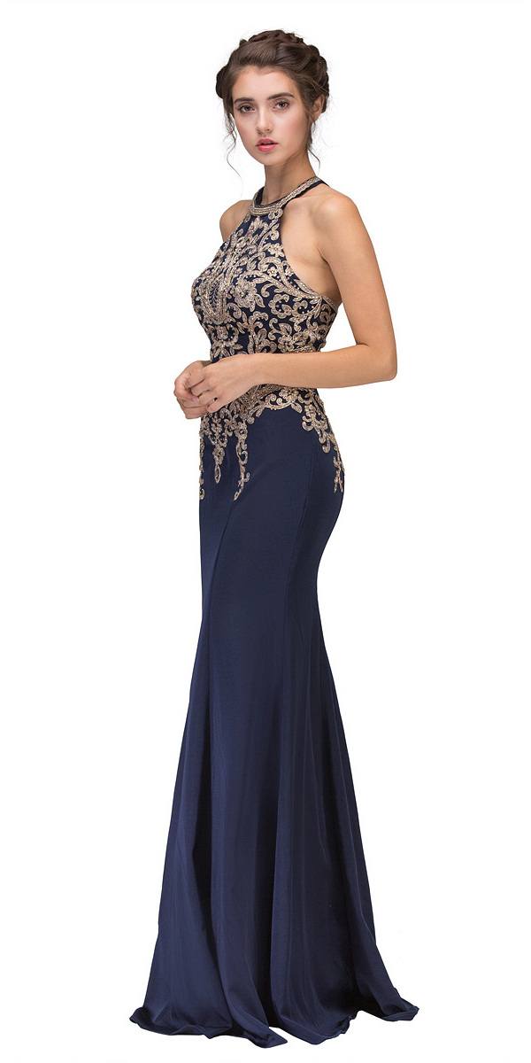 Navy Blue Embroidered Mermaid Long Prom Dress Racer Back