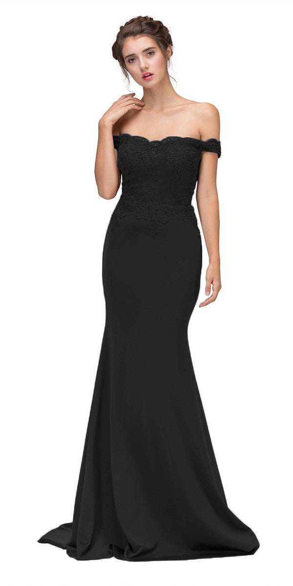 Eureka Fashion 7100 Lace Appliqued Bodice Long Formal Dress Off-Shoulder Black