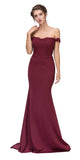 Lace Appliqued Bodice Long Formal Dress Off-Shoulder Burgundy