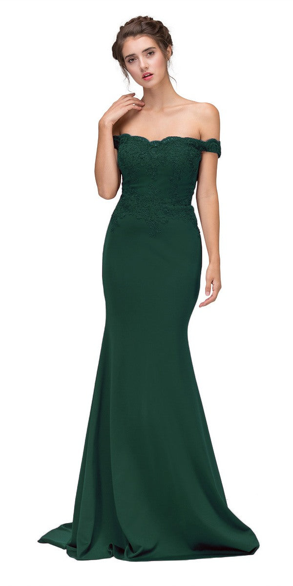 Eureka Fashion 7100 Lace Appliqued Bodice Long Formal Dress Off-Shoulder Hunter Green