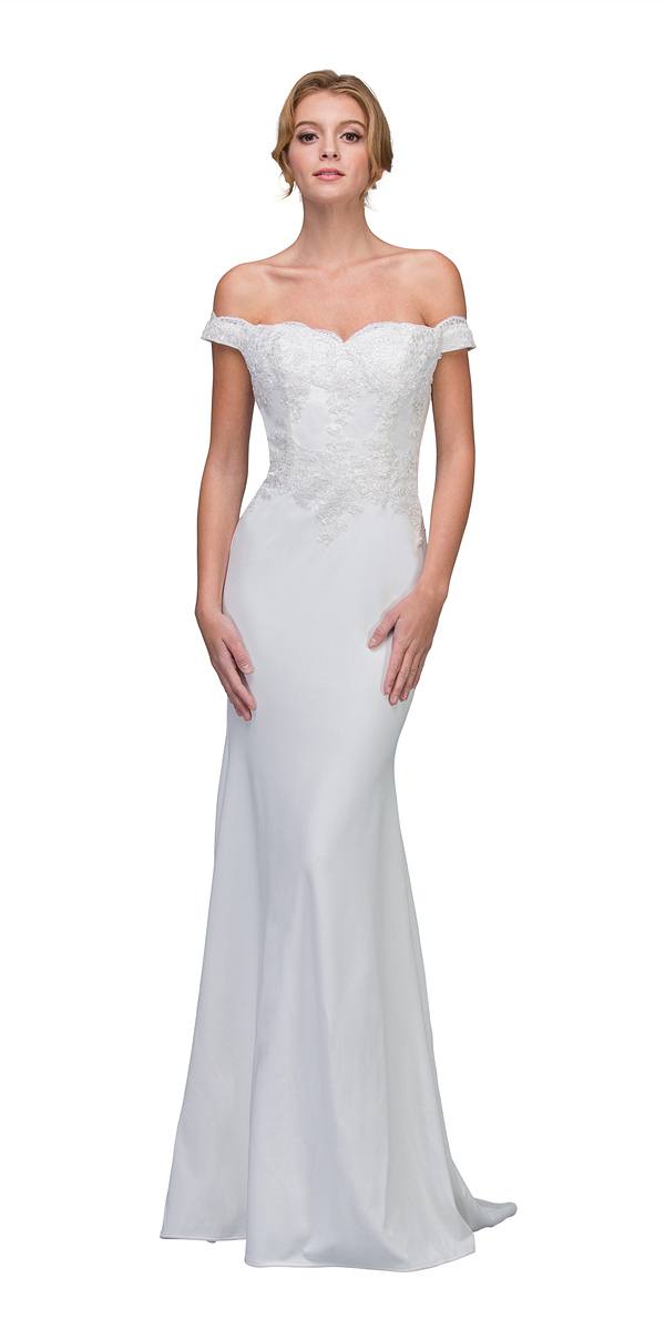 Lace Appliqued Bodice Long Formal Dress Off-Shoulder Off White