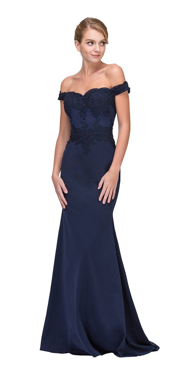Lace Appliqued Bodice Long Formal Dress Off-Shoulder Navy Blue