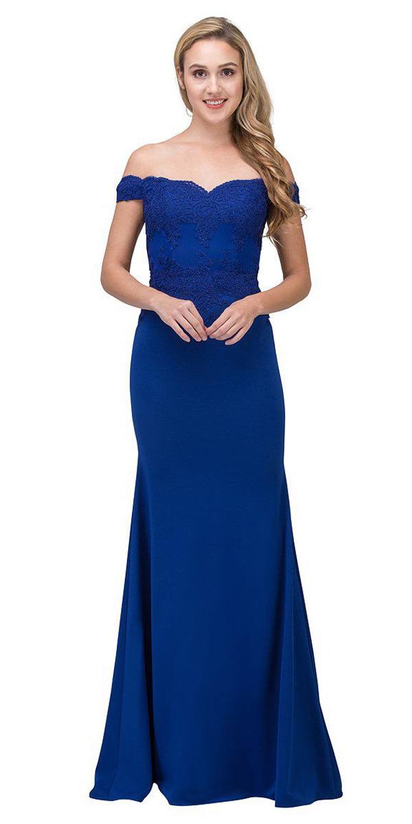 Eureka Fashion 7100 Lace Appliqued Bodice Long Formal Dress Off-Shoulder Royal Blue