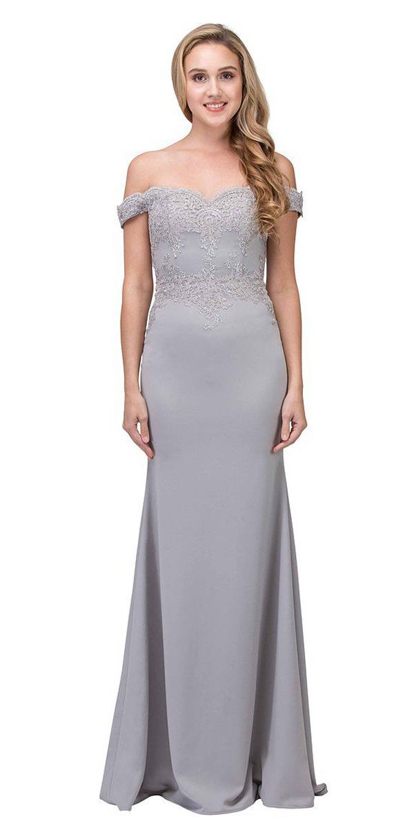 Eureka Fashion 7100 Lace Appliqued Bodice Long Formal Dress Off-Shoulder Silver