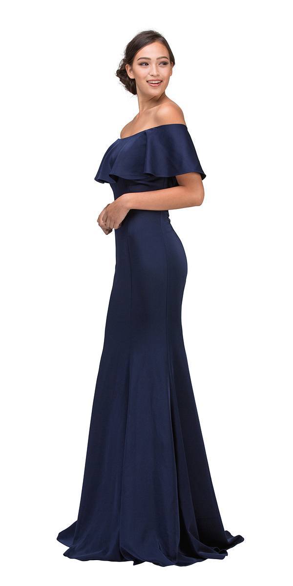 Eureka Fashion 7113 Navy Blue Off Shoulder Ruffled Bodice Mermaid Floor Length Prom Gown Side View