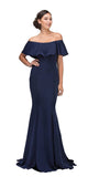 Eureka Fashion 7113 Navy Blue Off Shoulder Ruffled Bodice Mermaid Floor Length Prom Gown