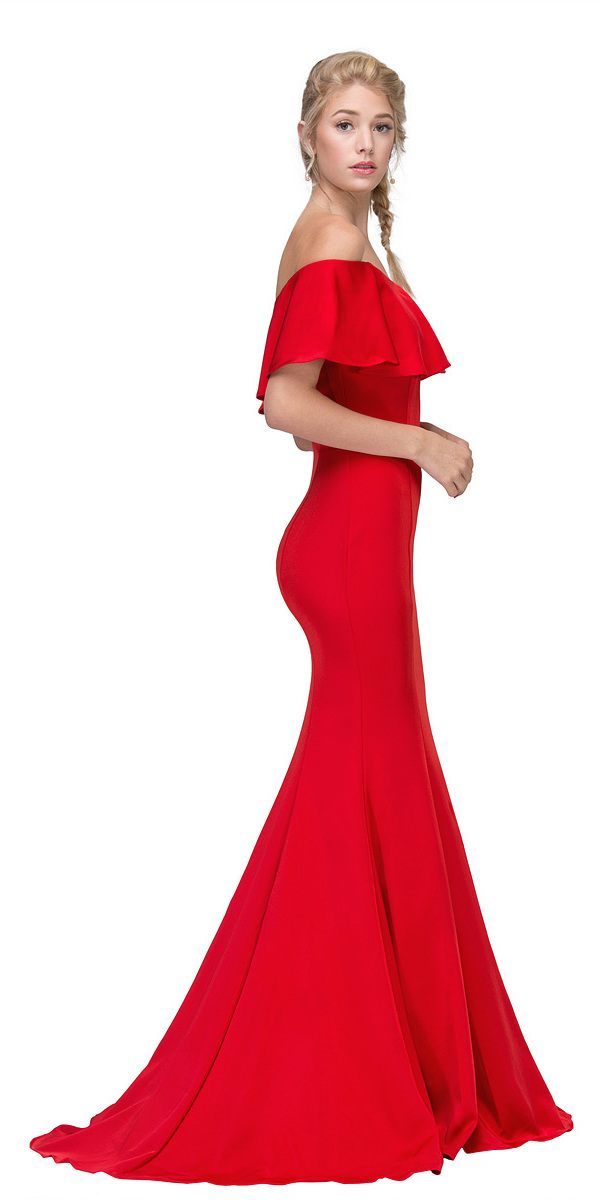 Red Off Shoulder Ruffled Bodice Mermaid Floor Length Prom Gown Side View