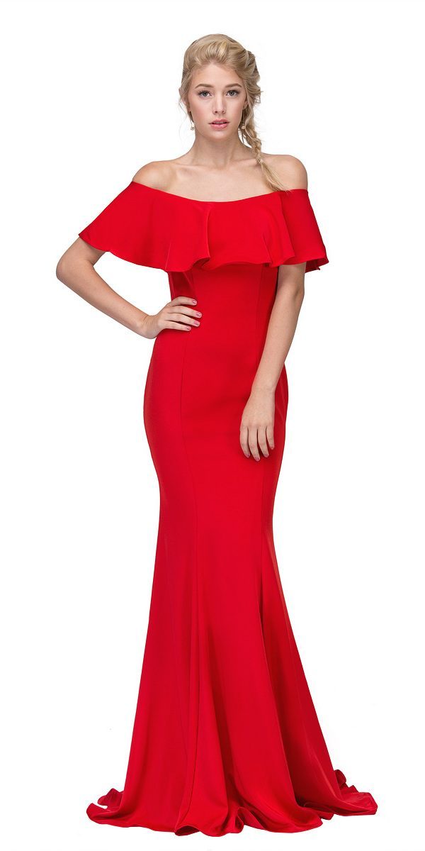 Red Off Shoulder Ruffled Bodice Mermaid Floor Length Prom Gown