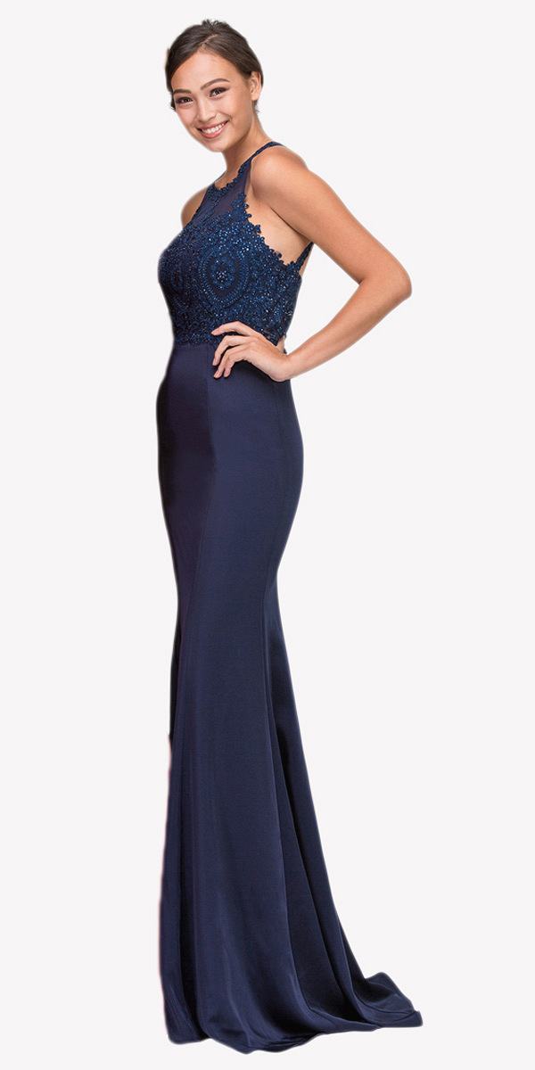 Navy Blue Halter Mermaid Prom Gown Appliqued Bodice