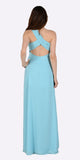 Poly USA 7140 Long One Shoulder Chiffon Semi Formal Dress Aqua One Shoulder Back View