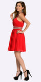Poly USA 7236 Short Chiffon A Line Dress Red Beaded Halter Neck Sheer Back Side View