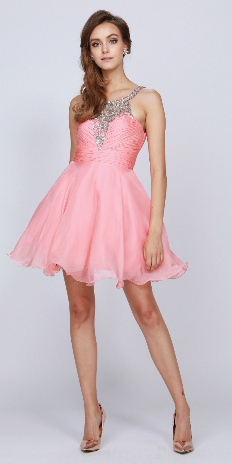 Ruched Bodice Studded Halter A Line Blush Sweet 16 Dress