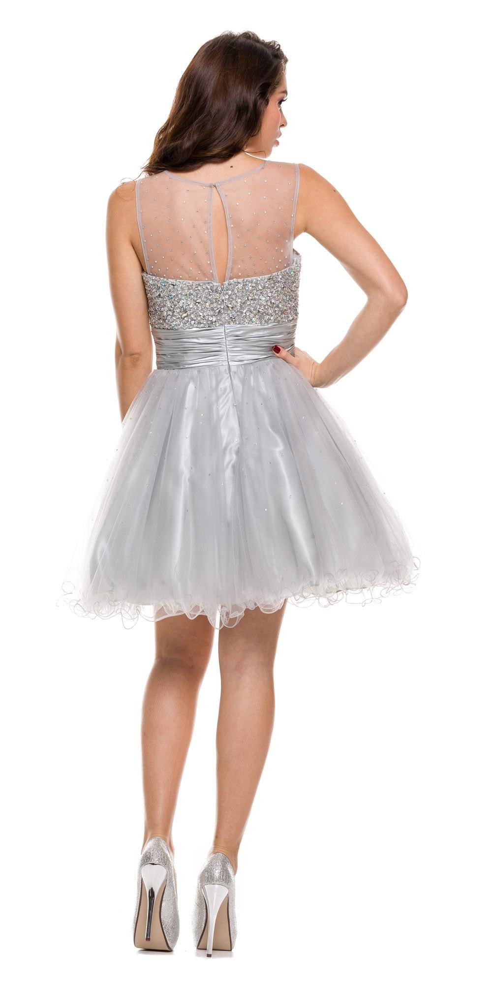 Ruched Empire Waist Illusion Neck Puffy Silver Prom Dress Back