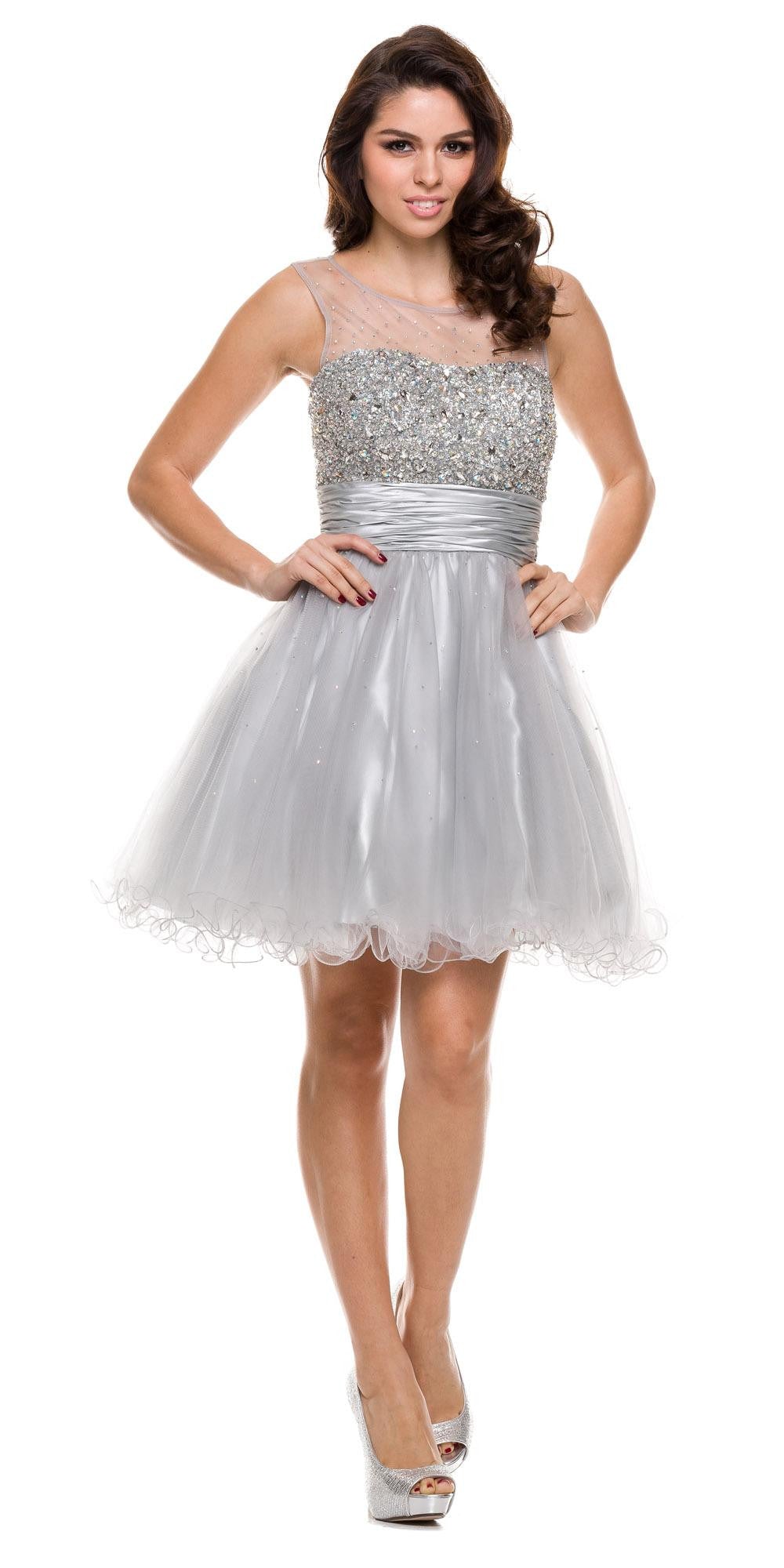 Ruched Empire Waist Illusion Neck Puffy Silver Prom Dress