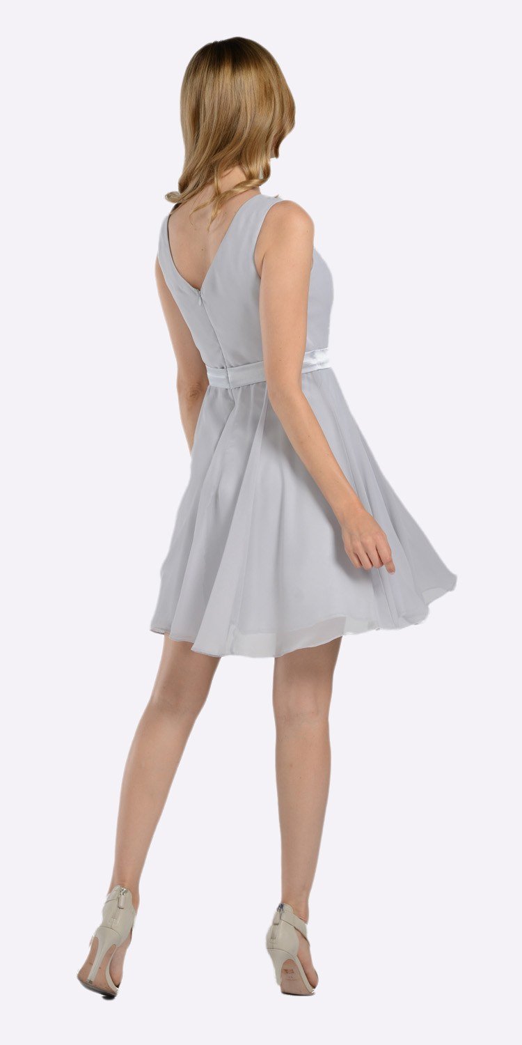 Poly USA 7290 Modest Silver Semi Formal Chiffon Dress Knee Length A Line Back View
