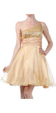 One Shoulder Gold Short Dress Sparkly Sequins Glitter Tulle Skirt