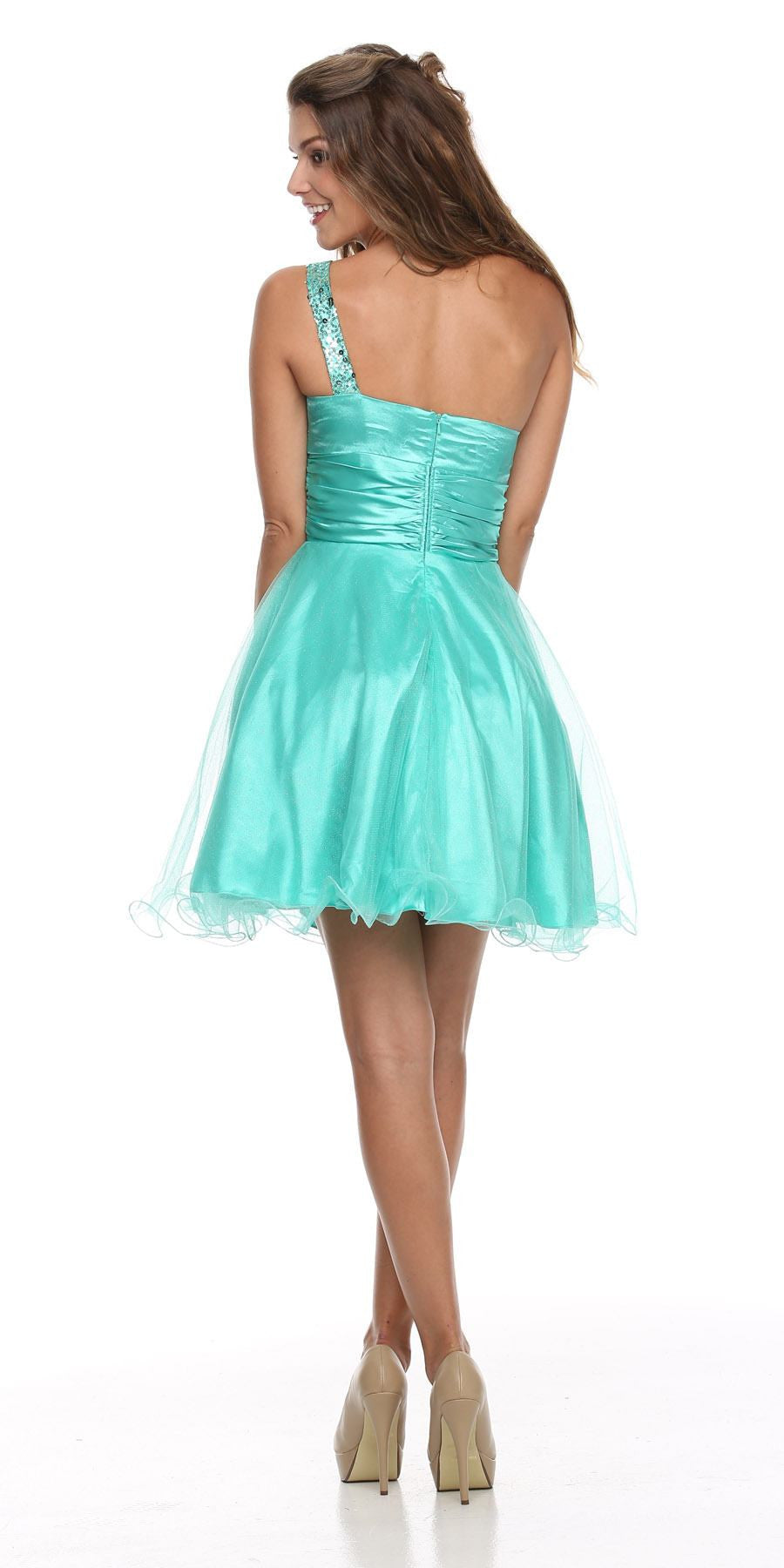 One Shoulder Jade Short Dress Sparkly Sequins Glitter Tulle Skirt Back