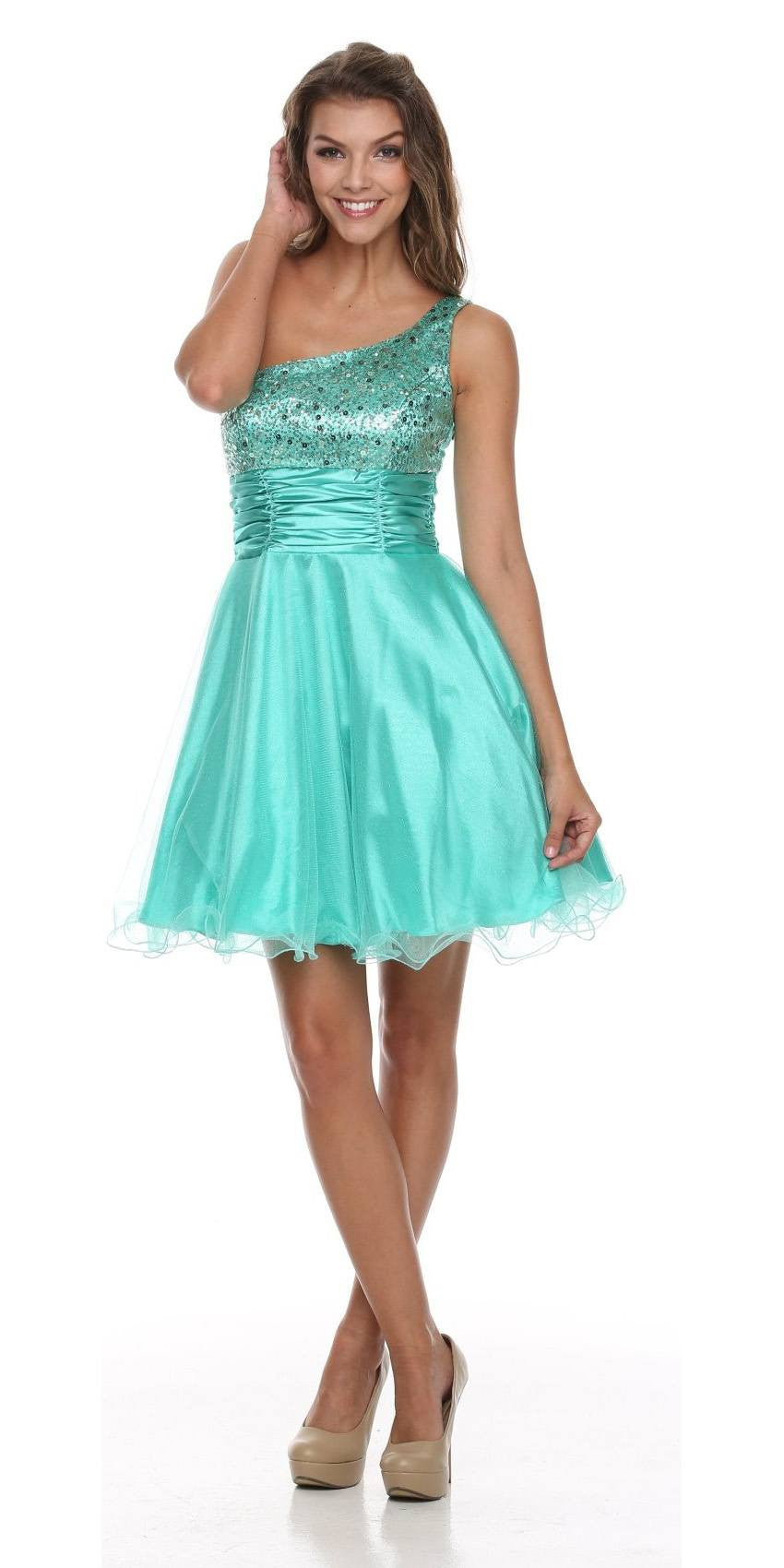 One Shoulder Jade Short Dress Sparkly Sequins Glitter Tulle Skirt