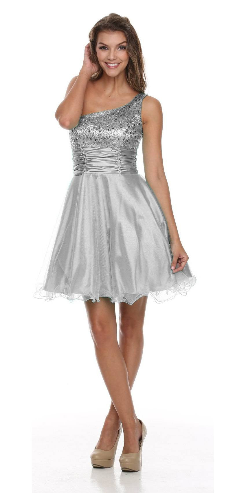One Shoulder Silver Short Dress Sparkly Sequins Glitter Tulle Skirt