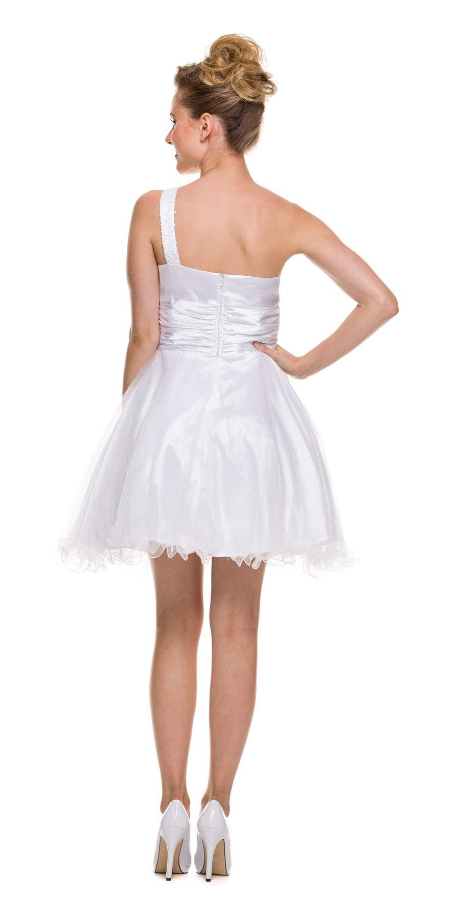 One Shoulder White Short Dress Sparkly Sequins Glitter Tulle Skirt Back