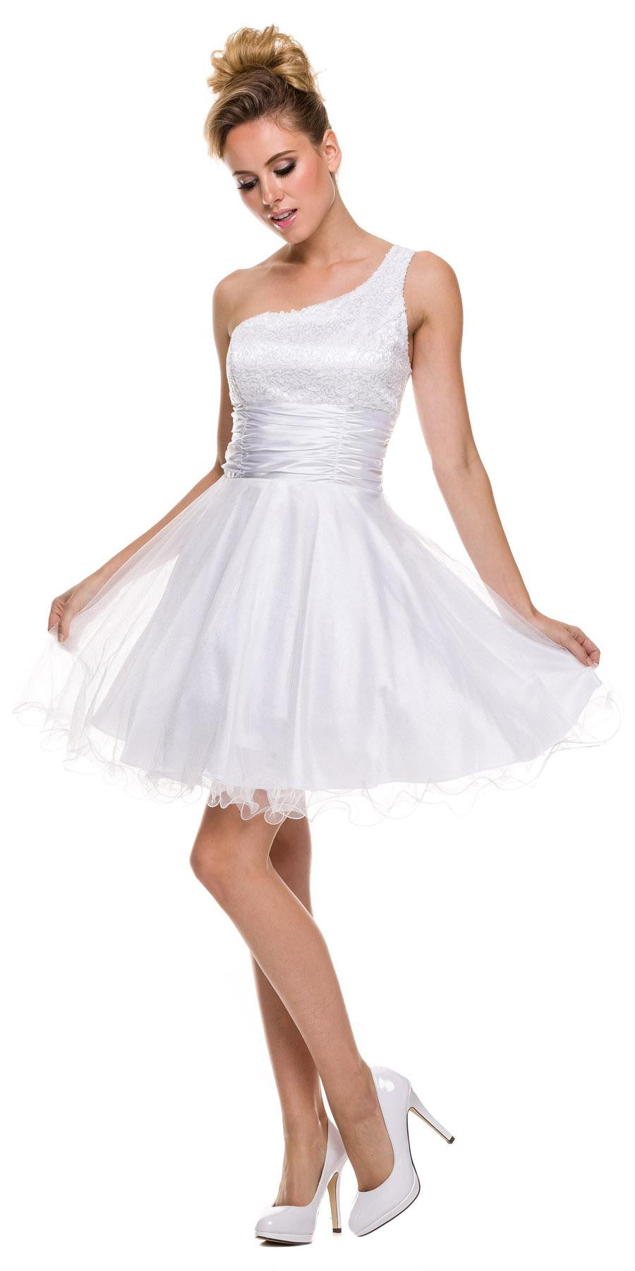 One Shoulder White Short Dress Sparkly Sequins Glitter Tulle Skirt