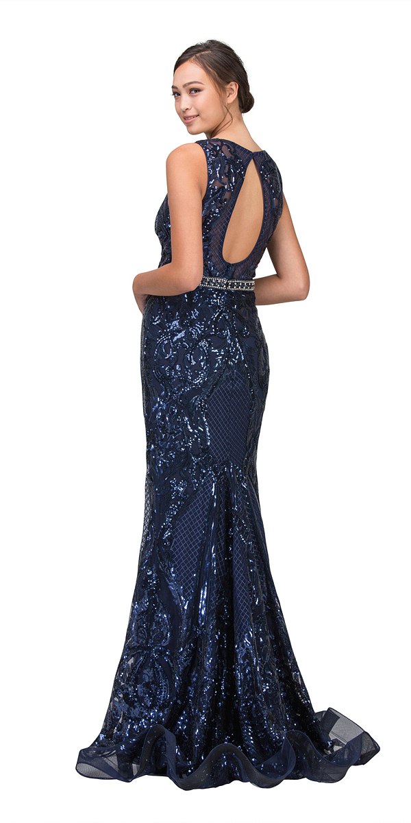 Navy Blue Sequins Mermaid Prom Gown Keyhole Back
