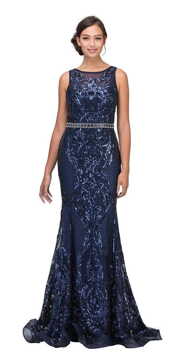 Navy Blue Sequins Mermaid Prom Gown Keyhole Back