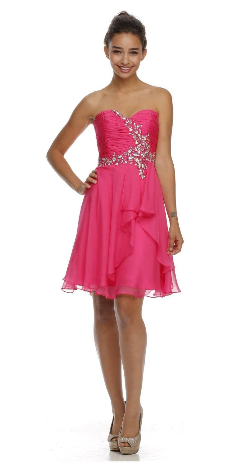 Strapless Ruched Bodice Homecoming Short Dress Fuchsia