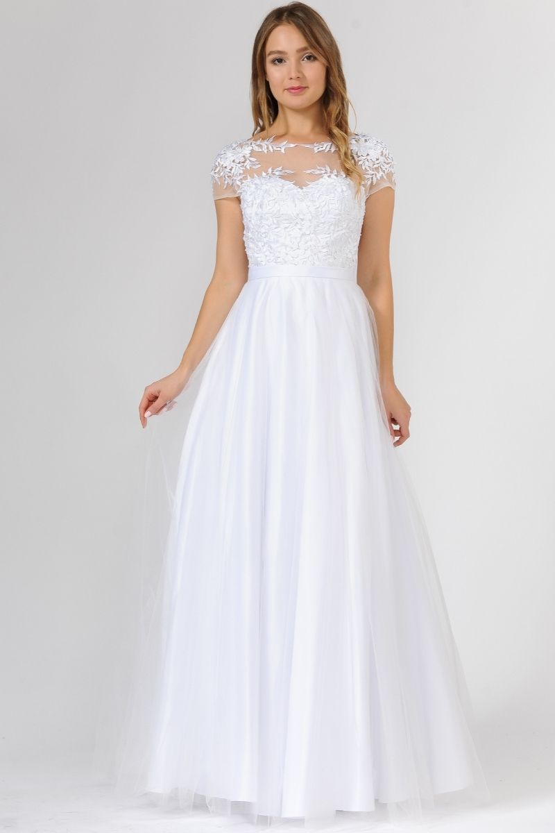 Poly USA 7482 White Wedding Gown A Line Tulle Short Sleeve