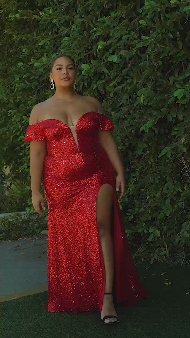 Cinderella Divine CH167C Long Off the Shoulder Sequins Dress with Slit