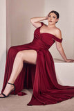 CLEARANCE- Cinderella Divine 7493C Long A-Line Off the Shoulder Burgundy Dress (Size 20)