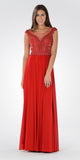 Illusion Scoop Neck Sheer Beaded Bodice Prom Dress Red Long
