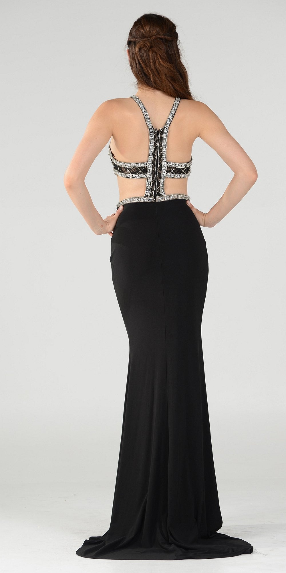 Long Sexy Prom Dress with Cut-Out Bodice Open Back and Train Black