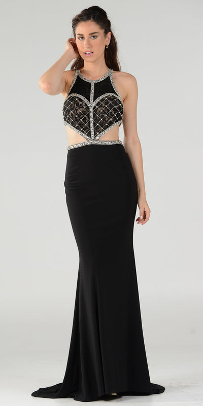 Long Sexy Prom Dress with Cut-Out Bodice Open Back and Train Black