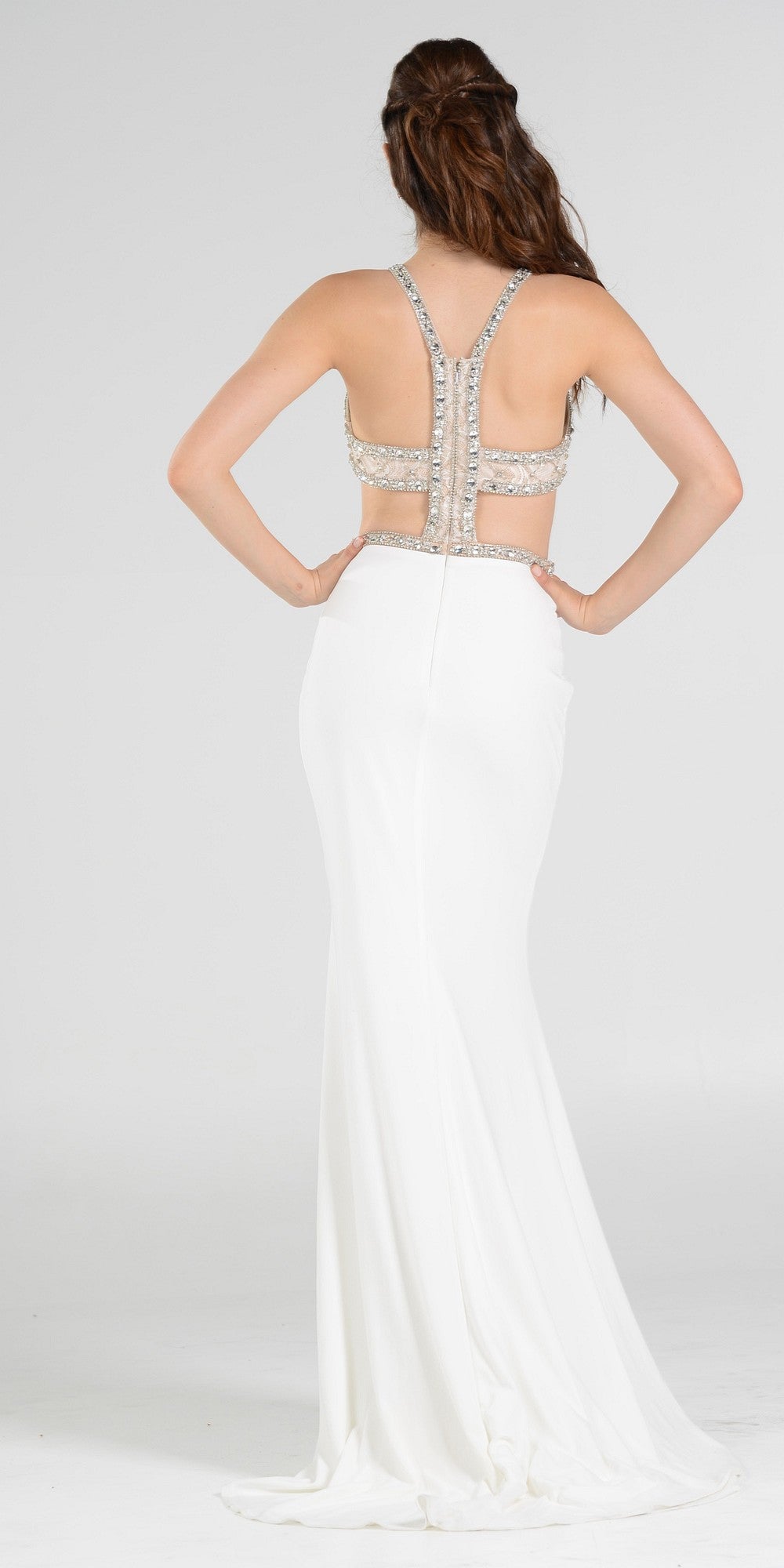 Long Sexy Prom Dress with Cut-Out Bodice Open Back and Train Off White