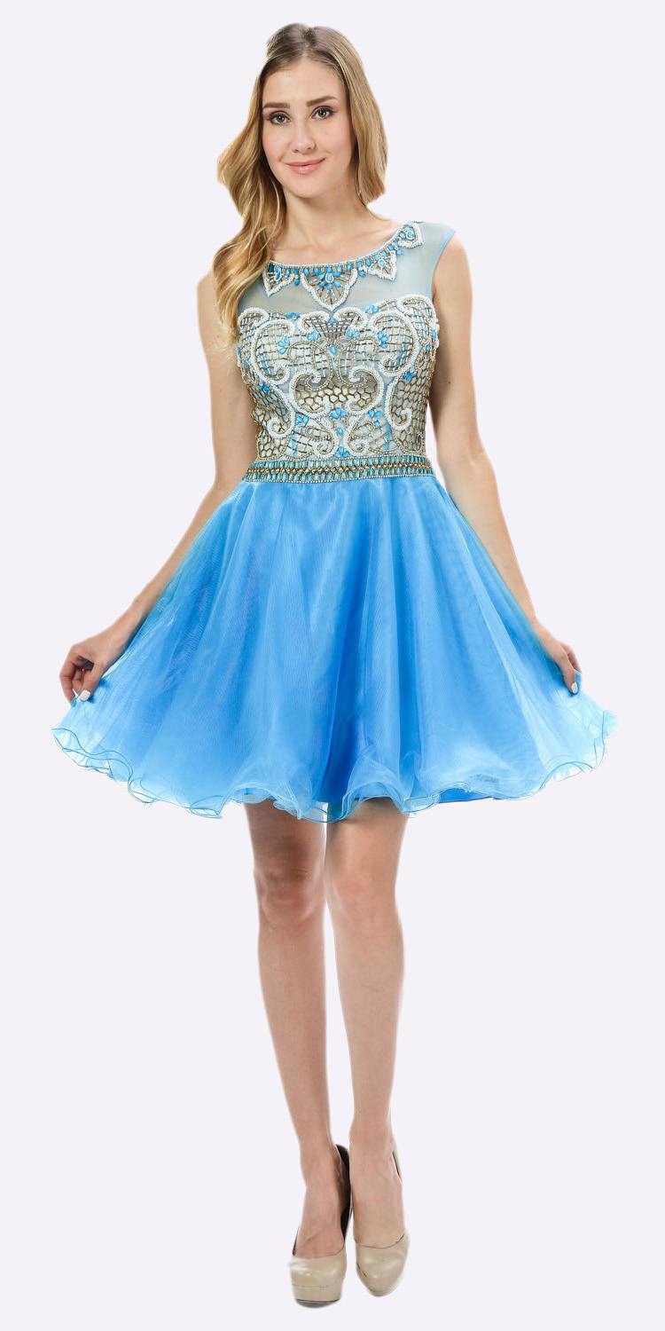 Poly USA 7542 Sleeveless Sweet Sixteen Dress Embellished Bodice Tulle Skirt Blue