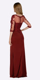 Poly USA 7584 Burgundy Mesh Embroidered Bodice Mid Sleeves Formal Dress with Slit Back View
