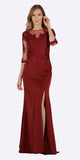 Poly USA 7584 Burgundy Mesh Embroidered Bodice Mid Sleeves Formal Dress with Slit