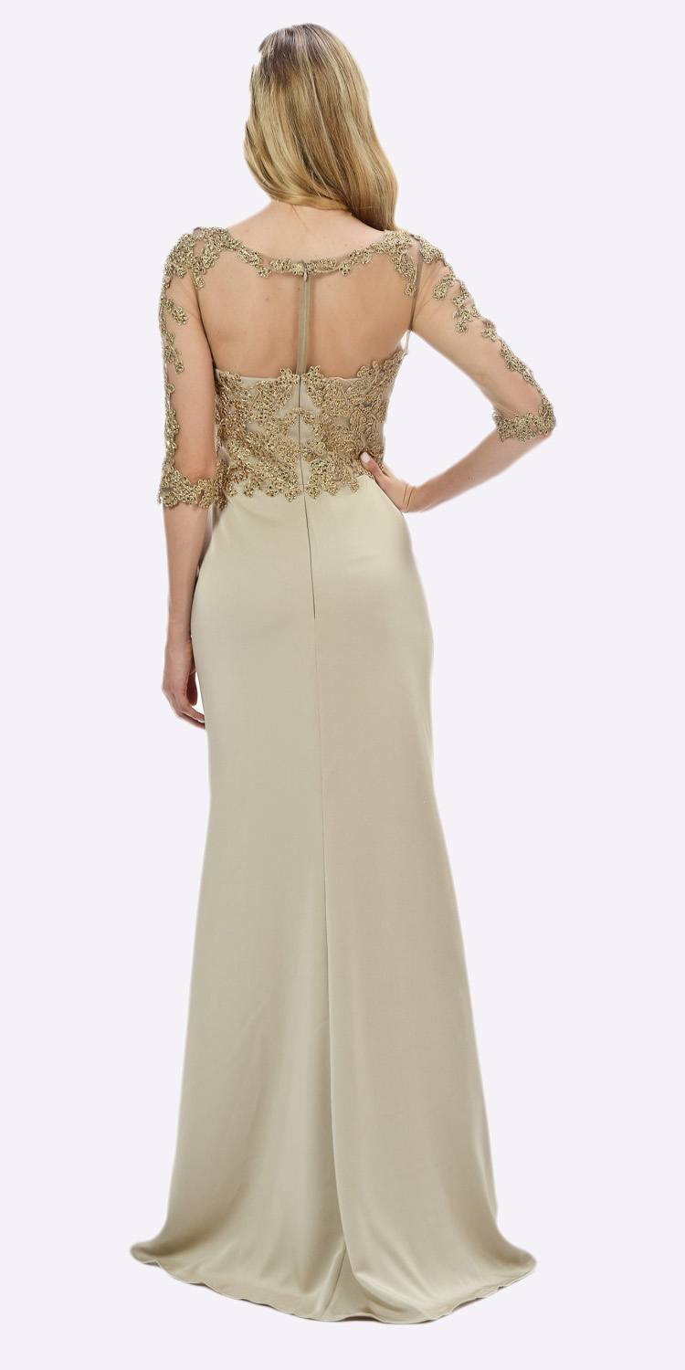 Poly USA 7584 Champagne Mesh Embroidered Bodice Mid Sleeves Formal Dress with Slit Back View