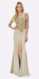 Poly USA 7584 Champagne Mesh Embroidered Bodice Mid Sleeves Formal Dress with Slit