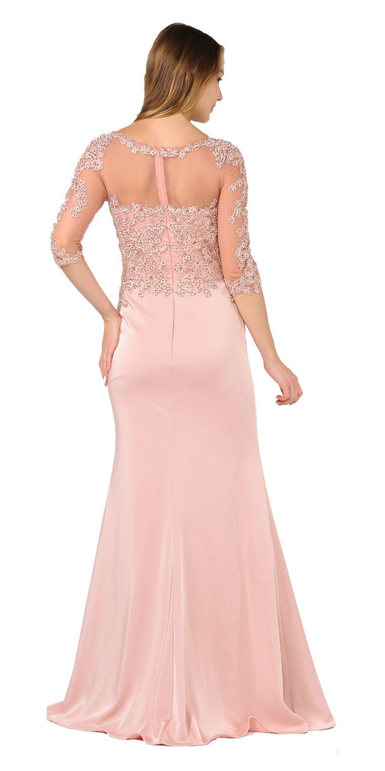 Poly USA 7584 Mauve Mesh Embroidered Bodice Mid Sleeves Formal Dress with Slit Back View