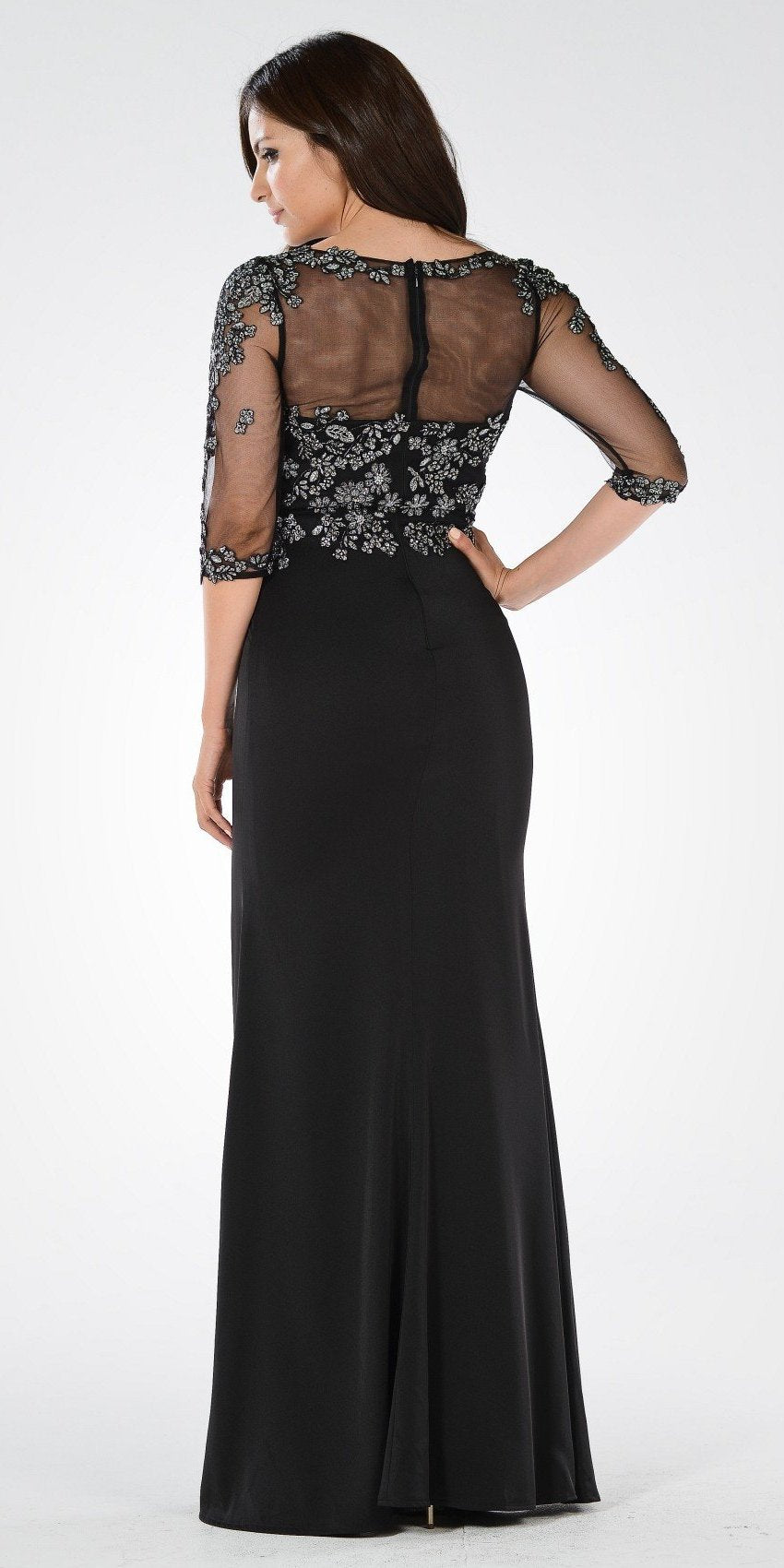 Black Mesh Embroidered Bodice Mid Sleeves Formal Dress with Slit