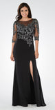 Black Mesh Embroidered Bodice Mid Sleeves Formal Dress with Slit