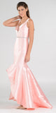 High and Low Mermaid Prom Gown V-Shape Back Embellished Waist Pink