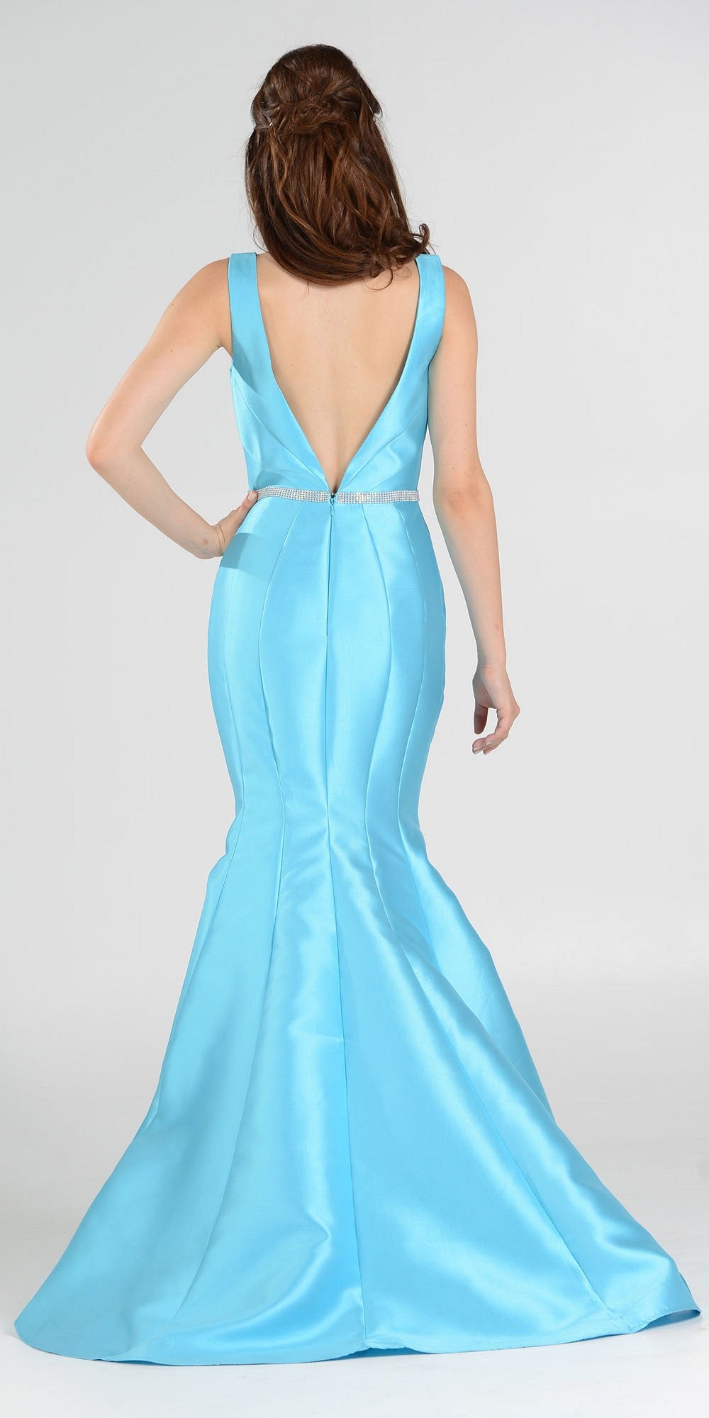 High and Low Mermaid Prom Gown V-Shape Back Embellished Waist Turquoise