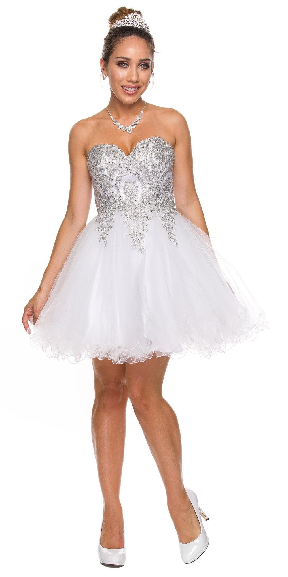 White/Silver Sweetheart Neckline Poofy Short Prom Dress Strapless