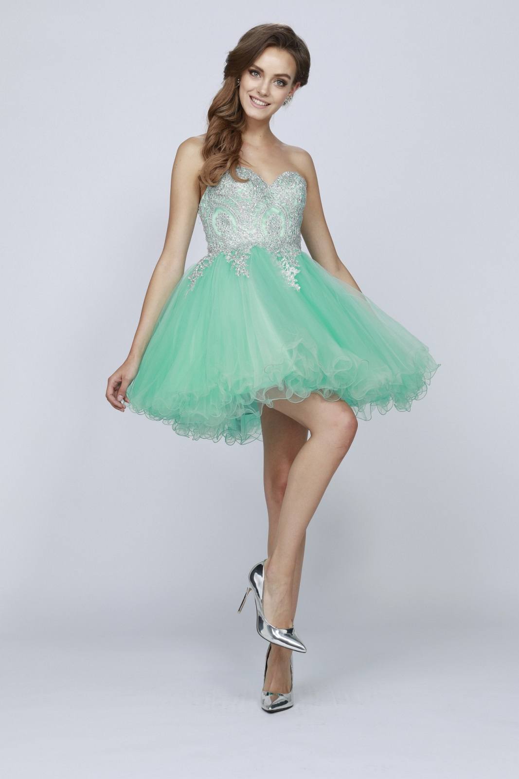 Jade/Silver Sweetheart Neckline Poofy Short Prom Dress Strapless