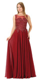 Poly USA 7644 Appliqued Illusion Bodice Burgundy Long Formal Dress Sleeveless