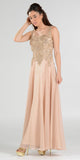Poly USA 7644 Appliqued Illusion Bodice Champagne Long Formal Dress Sleeveless
